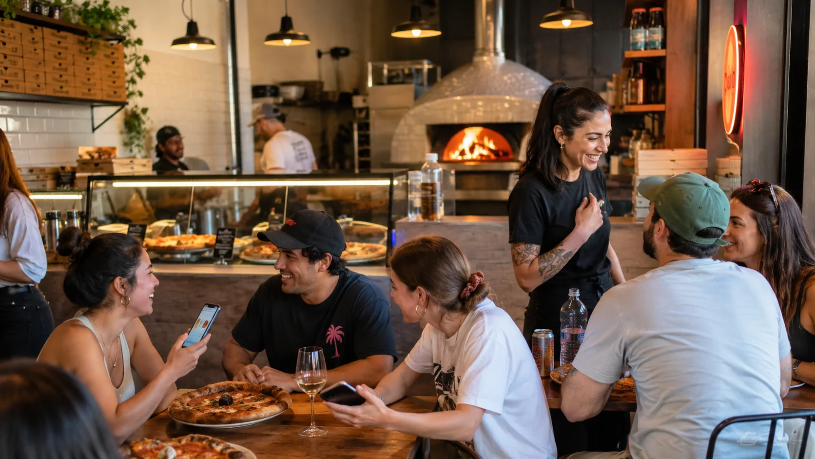 Pizzeria contemporanea con clienti e personale