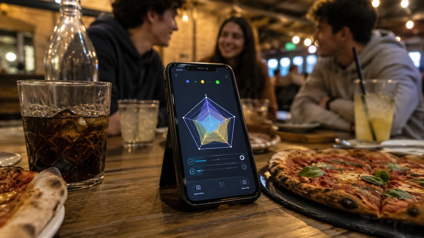Smartphone con grafico radar in pizzeria